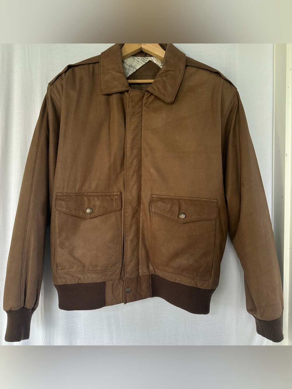 VTG Preston & York Leather Map Fly High Bomber Aviator Jacket Brown Men M